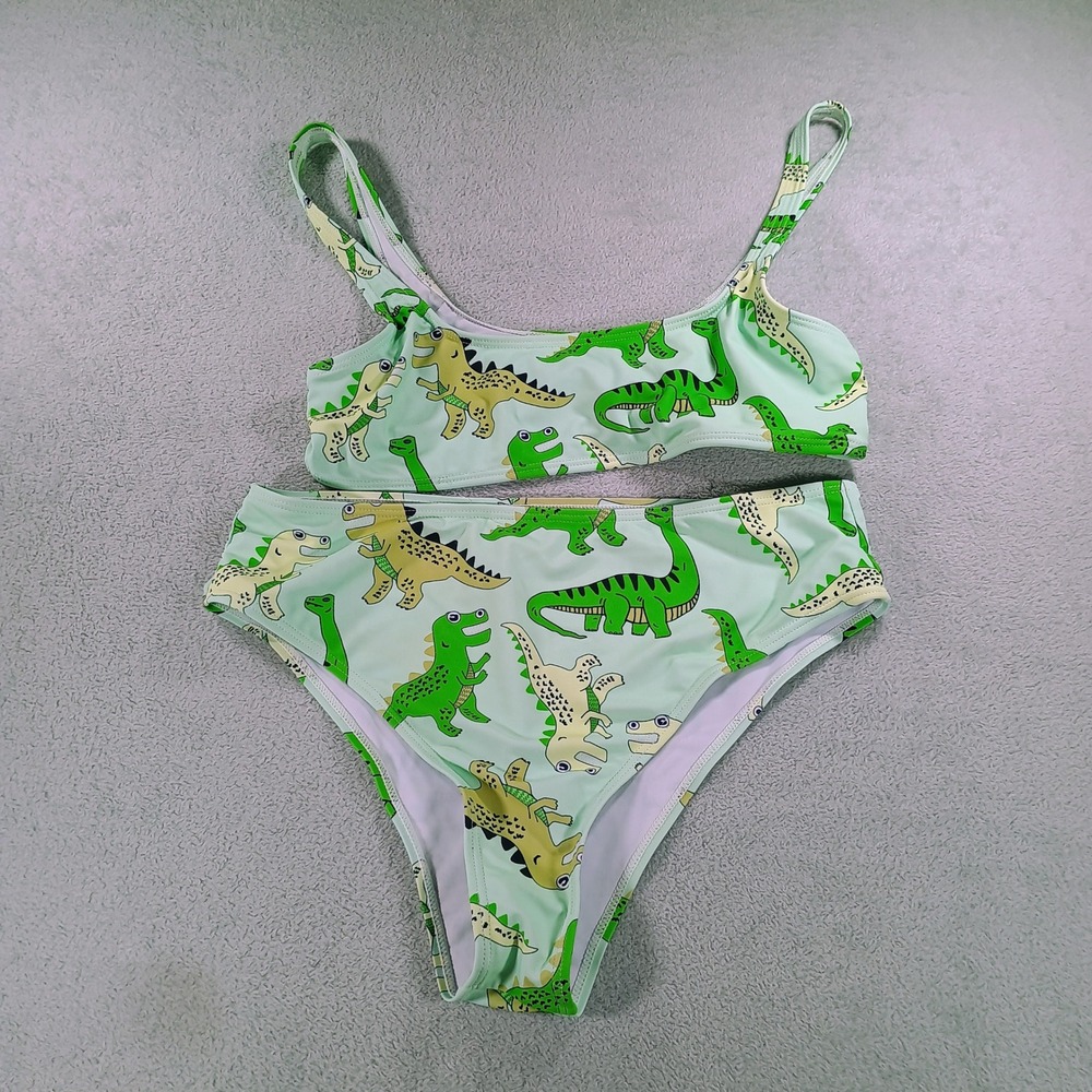 Shein Women Dinosaur Print Bikini Set Green Medium High Waisted‎ Two Piece